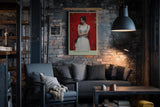 Paul Sinus Wandbild in 40x60cm Frau in weißem Sommerkleid vor roter Wand – modernes Kunstwerk mit ruhiger Ausstrahlung