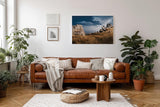 Sinus Art Wandbild 120x80cm Markante Felsformationen unter blauem Himmel in dramatischer Weite