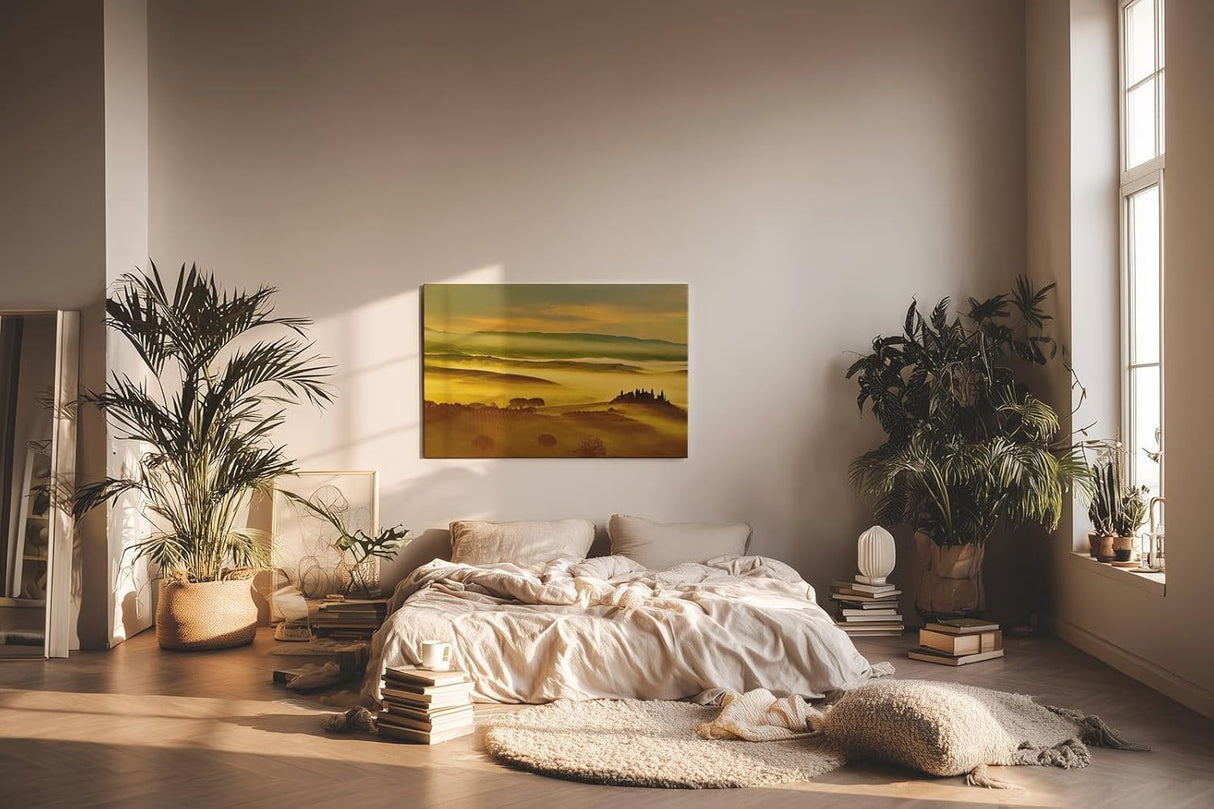Sinus Art Wandbild 120x80cm Malerische Landschaft der Toskana mit Nebelfeldern und Sonnenlicht – beruhigend und träumerisch
