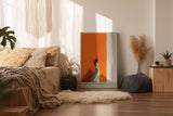 Paul Sinus Wandbild in 40x60cm Frau im weißen Kleid vor farbgetrennter Wand in Orange und Weiß