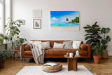 Sinus Art Wandbild 120x80cm Tropische Insel mit Palmen und weißem Sandstrand für entspannende Raumwirkung