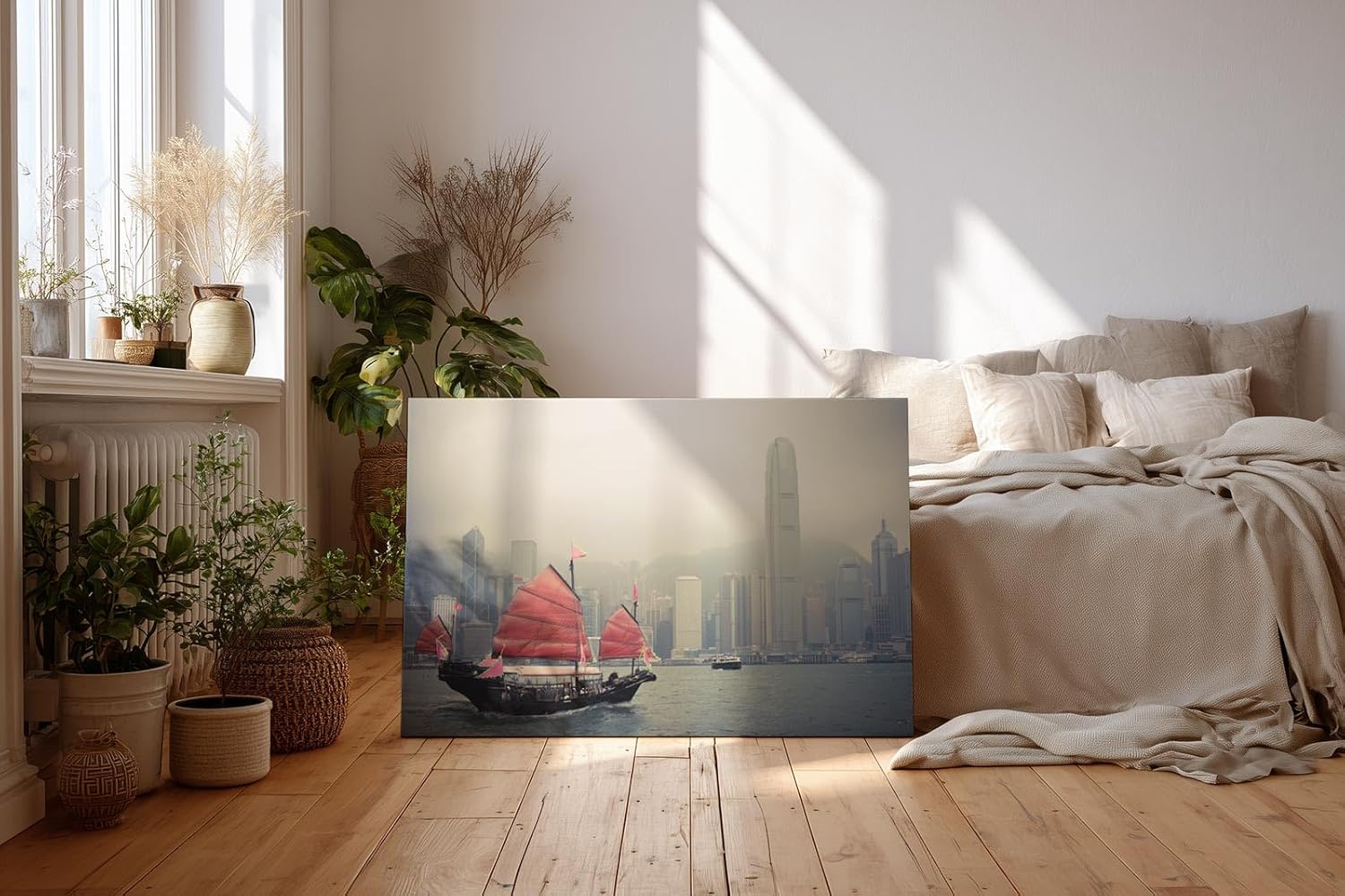 Sinus Art Wandbild 120x80cm Die rote Dschunke bildet einen spannenden Kontrast zur modernen Skyline im Hintergrund