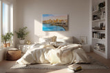 Sinus Art Wandbild 120x80cm Pastellfarbene Häuserzeile an der Küste vor türkisblauem Meer – mediterranes Flair pur