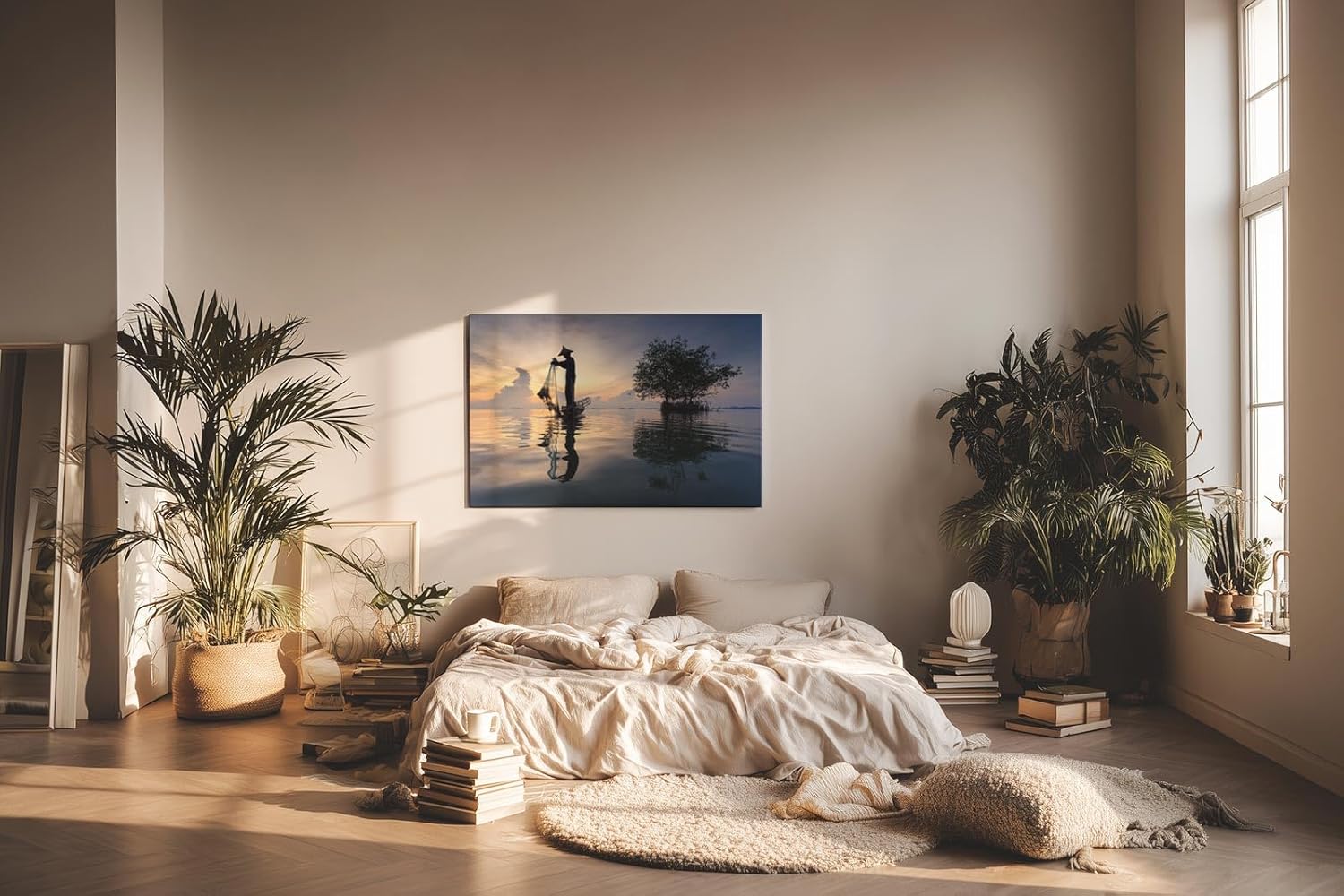 Sinus Art Wandbild 120x80cm Fischer mit Netz in traditioneller Kleidung – Symbol für Handwerk und Stille