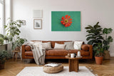 Sinus Art Wandbild 120x80cm Zentrierte rote Zinnienblüte auf grünem Blattmuster – harmonisch, lebendig und modern