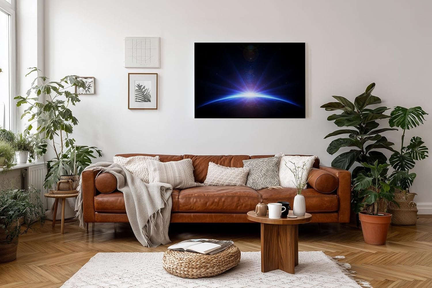 Sinus Art Wandbild 120x80cm Atemberaubendes Weltraumbild mit Lichtstrahlen über dem Planetenrand