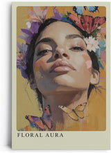 Paul Sinus Leinwandbild 40x60cm Leinwandbild Florale Aura – Ausdrucksstarkes Porträt mit Blumen und Schmetterlingen, leuchtende Farben