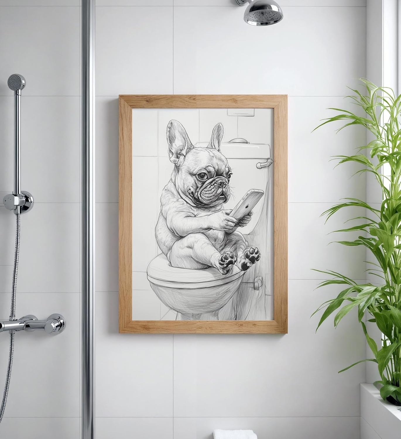 Paul Sinus Poster/Leinwandbild/Rahmenoption Lustiges Hundebild – Witzige Klo-Deko fürs Gäste-WC – Perfekt für Smartphone-Junkies