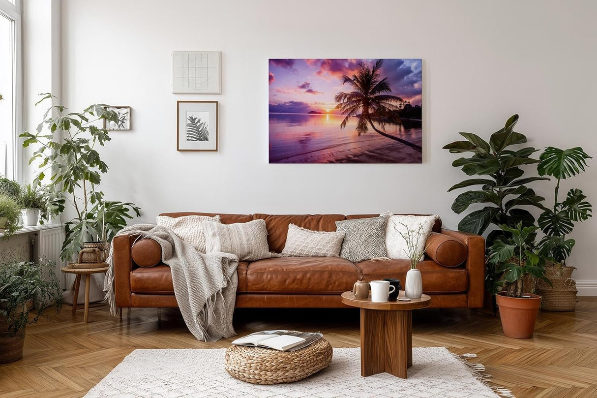 Sinus Art Wandbild 120x80cm Strandmotiv mit Sonnenuntergang und Palme vermittelt Urlaubsstimmung und Harmonie