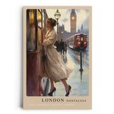 Paul Sinus Leinwandbild 60x90cm London Nostalgie – Romantische Szene einer Frau in Vintage-Kleidung, die in London in eine Straßenbahn einsteigt