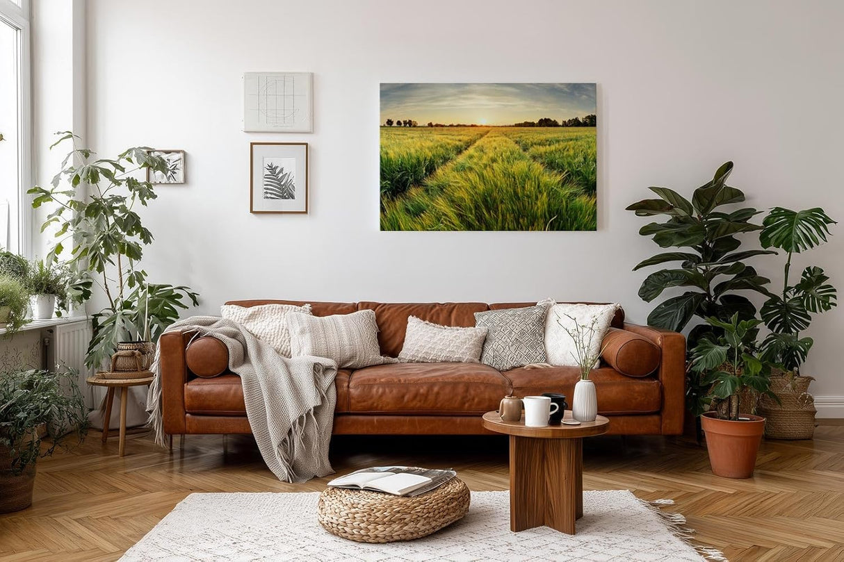 Sinus Art Wandbild 120x80cm Sonnenuntergang über einem weitläufigen Feld voller goldener Halme – friedlich und inspirierend