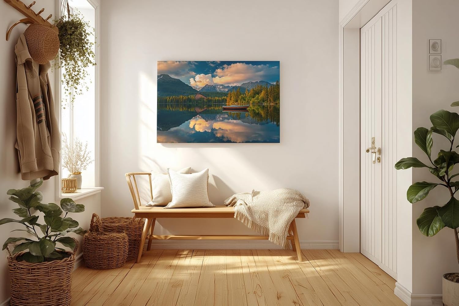 Sinus Art Wandbild 120x80cm Berglandschaft mit Boot auf ruhigem See, umrahmt von Wald und Wolken