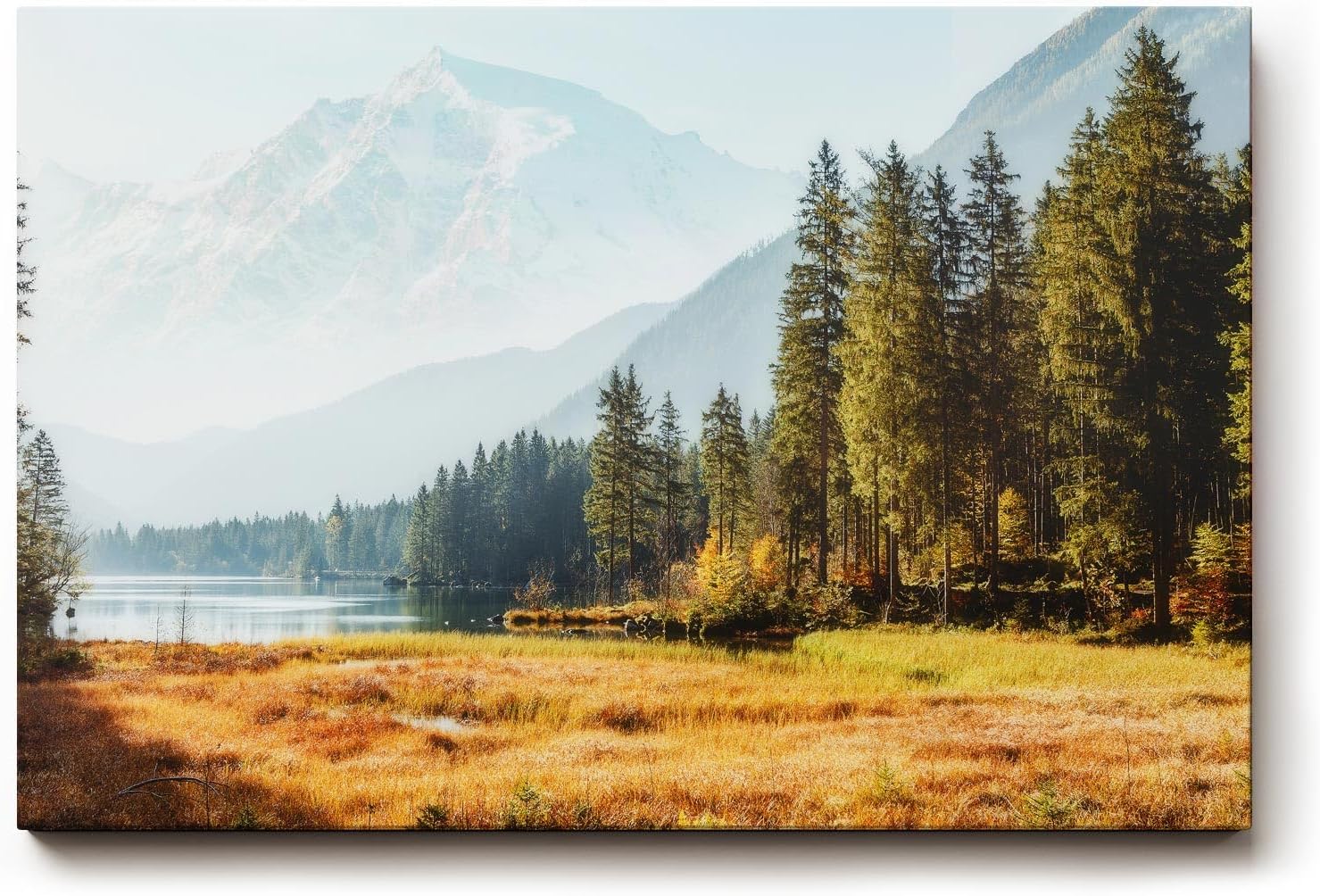 Sinus Art Wandbild 120x80cm Idyllische Szene mit Bergsee, herbstlicher Wiese und Tannenwald für naturverbundene Räume