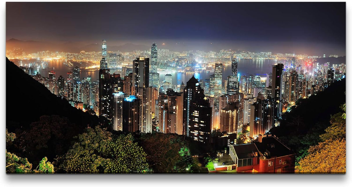 Hong Kong Wolkenkratzer Skyline ca. 130x70cm Wandbild inklusive Schattenfugenrahmen schwarz - Panorama Leinwand Bild XXL Format Wandbilder Wohnzimmer Wohnung Deko Kunstdrucke