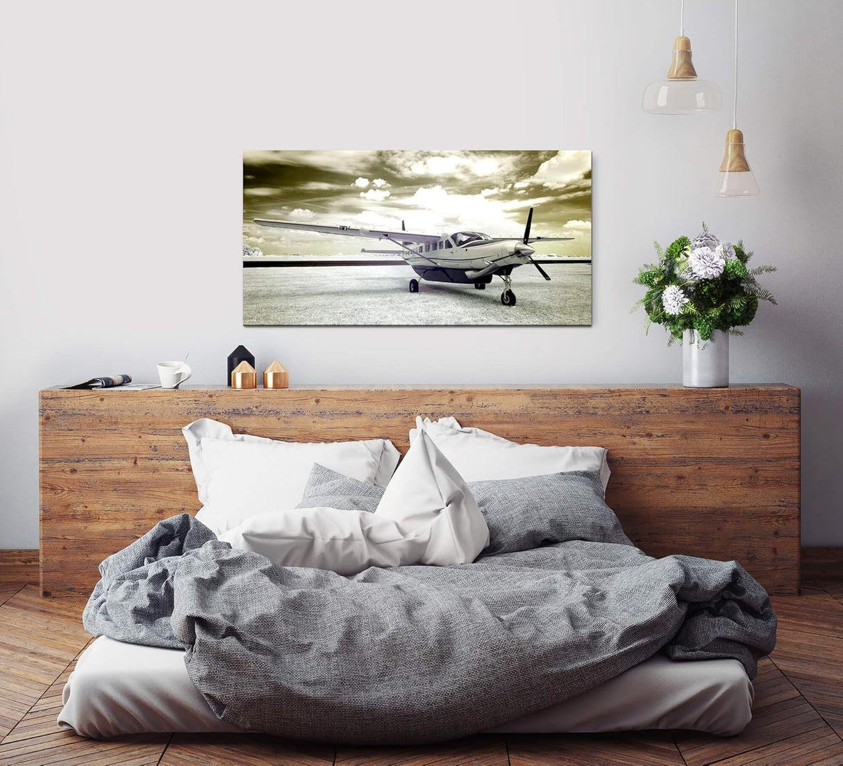 Vintage Flugzeug ca. 130x70cm Wandbild inklusive Schattenfugenrahmen weiss - Panorama Leinwand Bild XXL Format Wandbilder Wohnzimmer Wohnung Deko Kunstdrucke