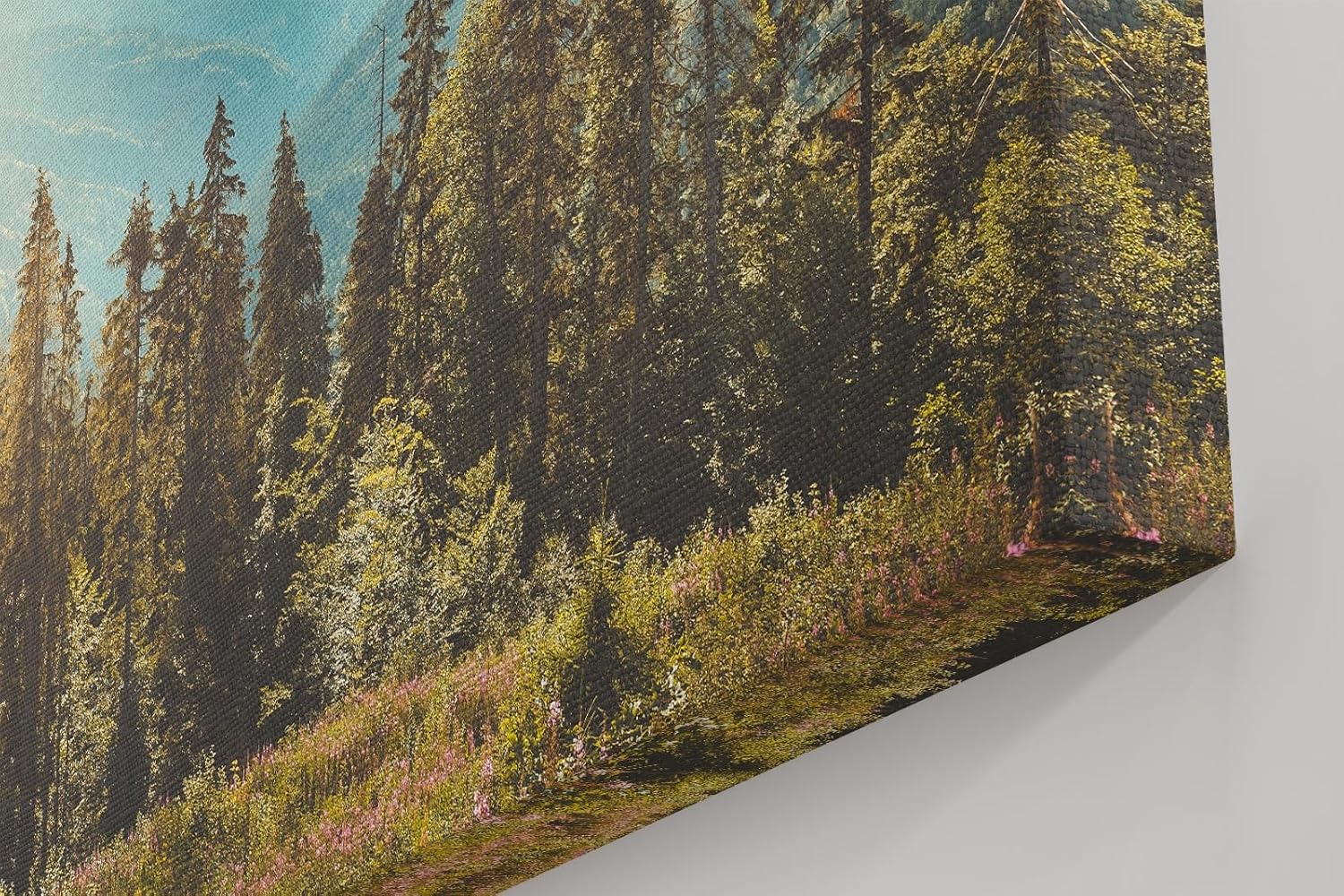 Sinus Art Wandbild 120x80cm Weiche Hügelketten mit bewaldeten Flanken im Sonnenlicht für ruhige Raumatmosphäre