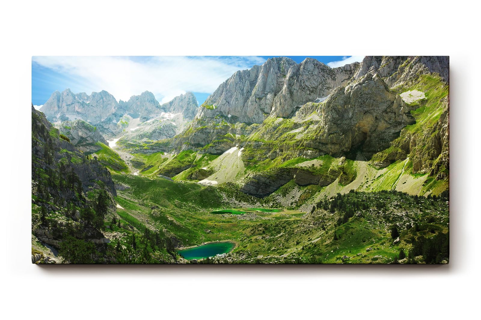 Sinus Art Wandbild 120x80cm Atemberaubendes Hochgebirgspanorama mit grünen Hängen und türkisfarbenem Bergsee im Tal