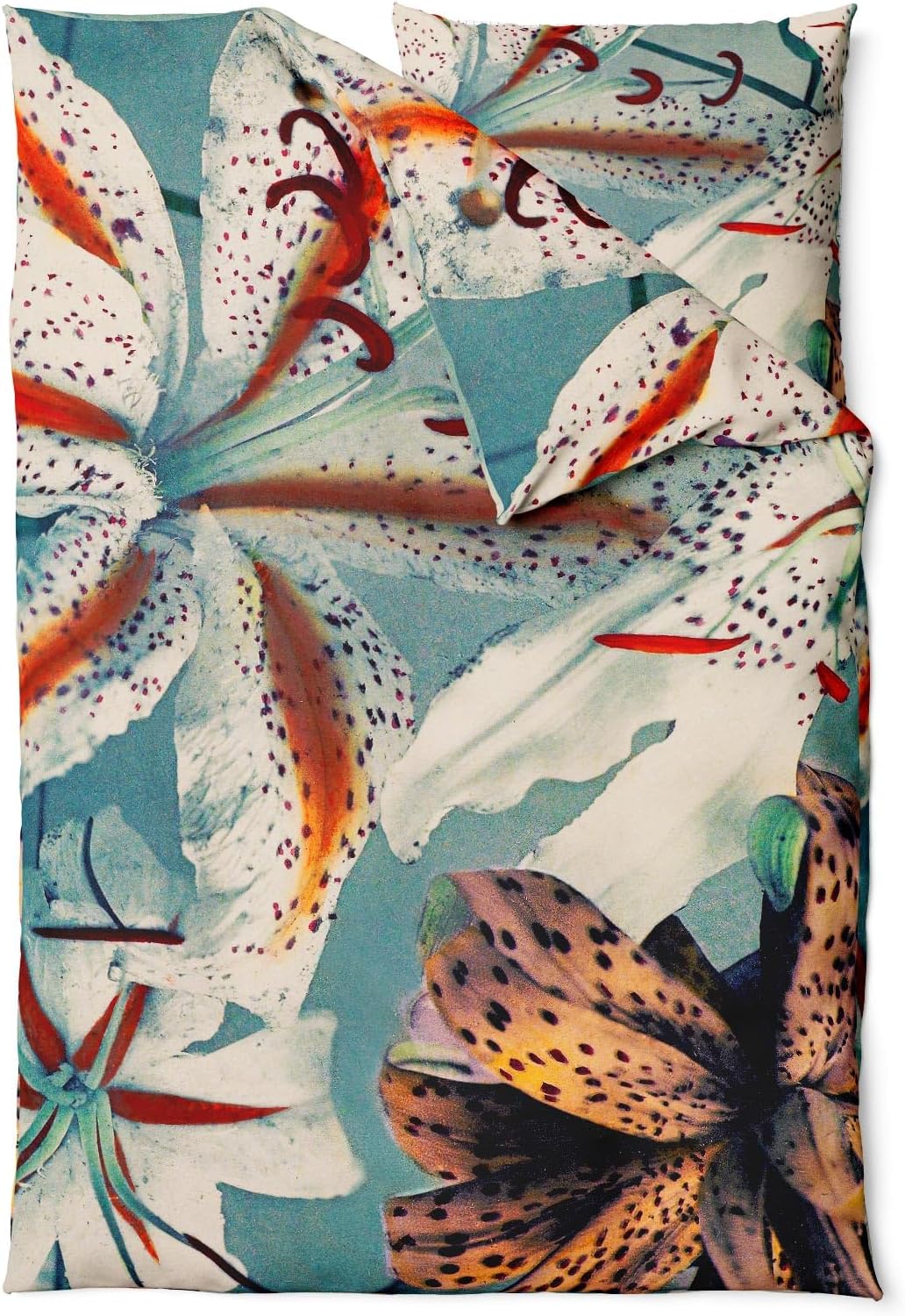 Sinus Art Bettwäsche 135x200 cm + 80x80 cm – Lilien Design auf Türkis – Mikrofaser – pflegeleicht, atmungsaktiv & farbbrillant