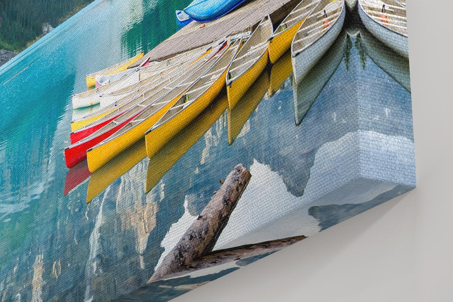 Sinus Art Wandbild 120x80cm Bergsee mit Kanus vor atemberaubender Bergkulisse für inspirierende Raumwirkung