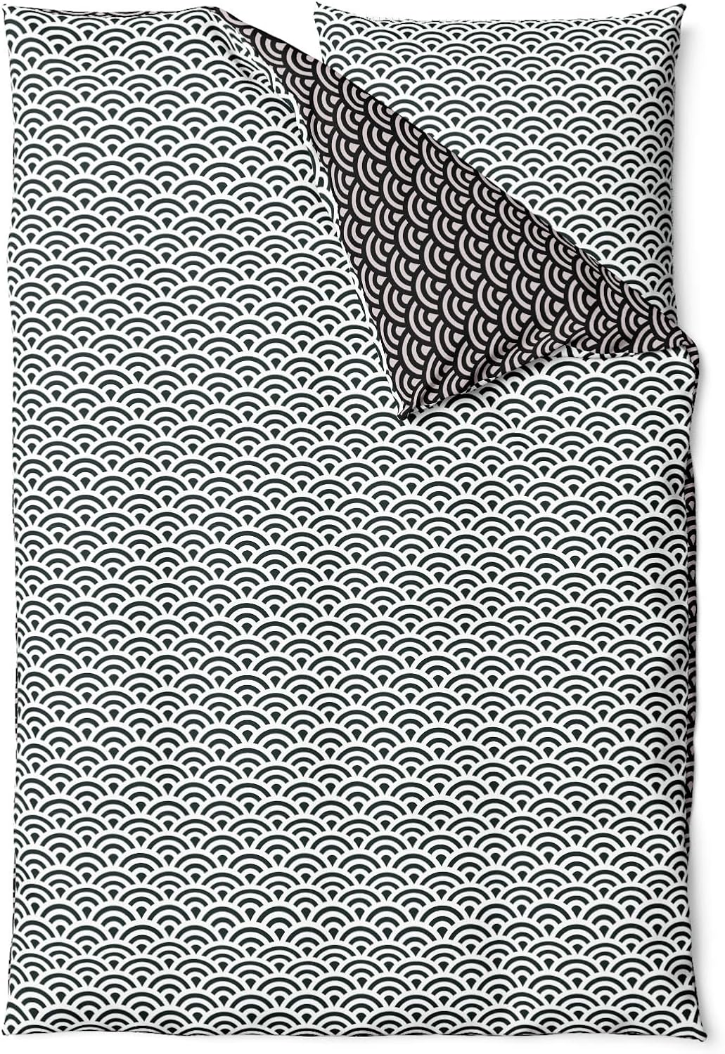 Sinus Art Bettwäsche 135x200 cm + 80x80 cm – Mikrofaser-Wendebettwäsche mit stilisiertem Wellenmuster in Schwarz & Hellgrün – pflegeleicht & atmungsaktiv