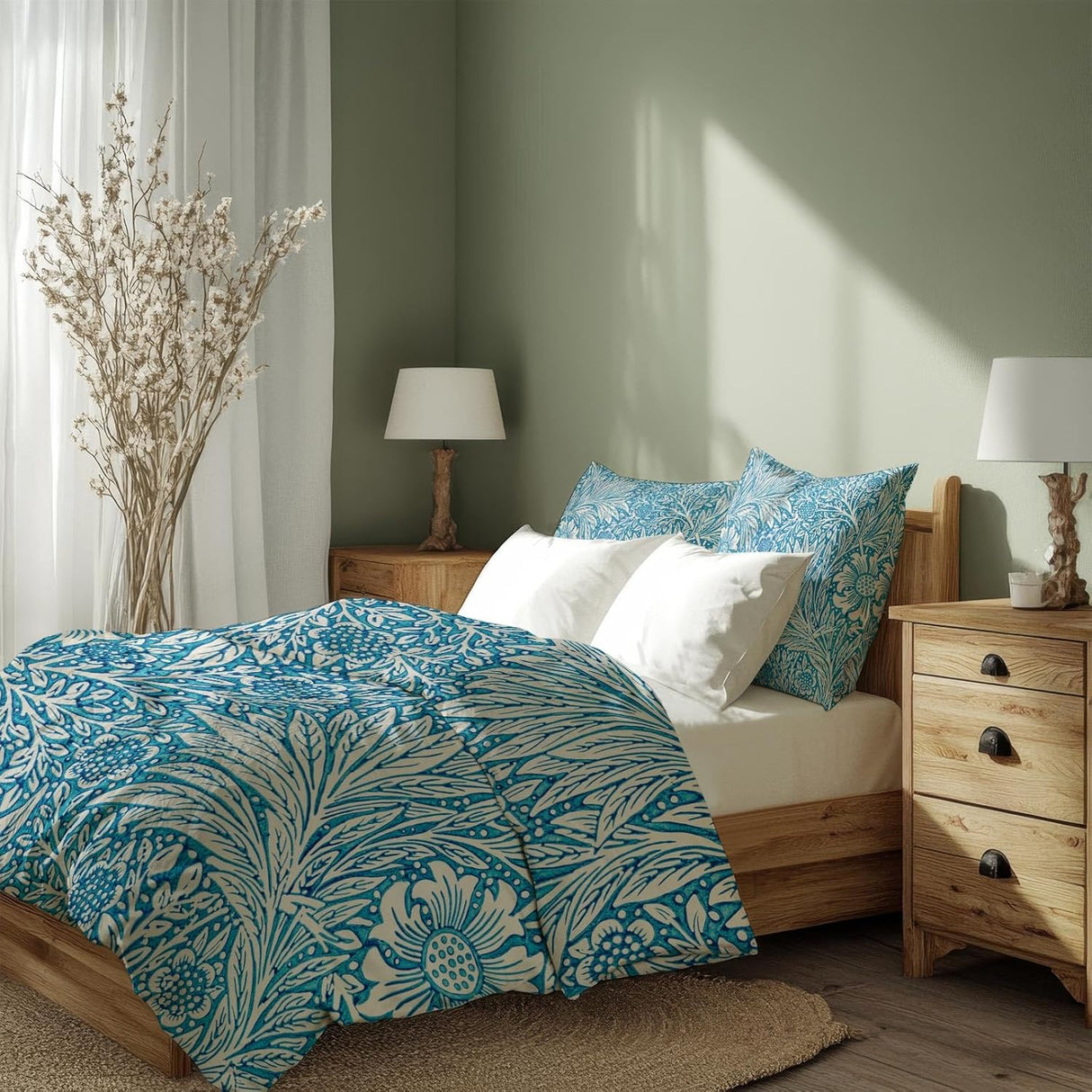 Sinus Art Bettwäsche 135x200 cm + 80x80 cm – florales Wendedesign in Blau und Beige – Mikrofaser – weich & stilvoll