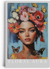 Paul Sinus Leinwandbild 60x90cm Leinwandbild Florale Aura – Ausdrucksstarkes Porträt mit blühender Blumenkrone und Schmetterlingen, leuchtende Farben