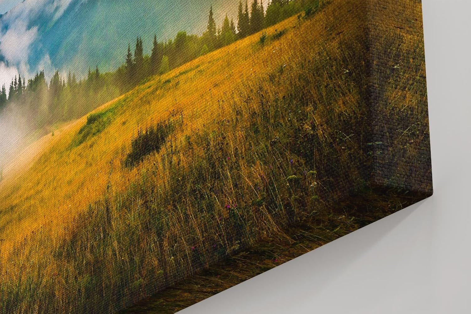 Sinus Art Wandbild 120x80cm Faszinierende Gebirgsszene im Nebel mit dramatischem Sonnenlicht für eindrucksvolle Raumwirkung