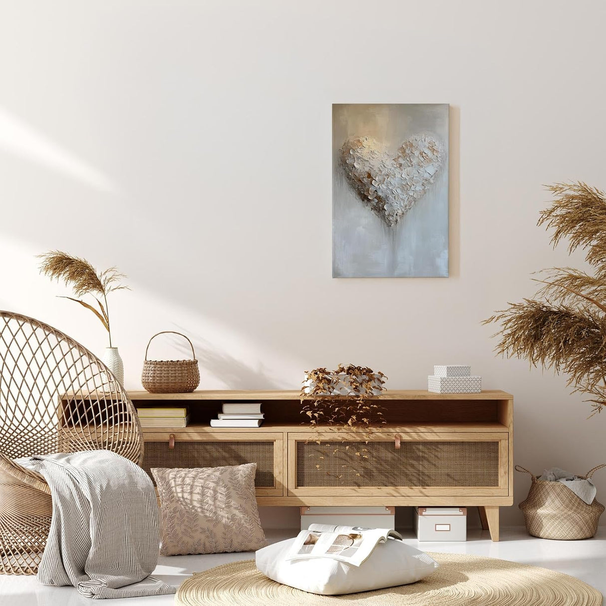 Paul Sinus 60x90cm Wandbild Herzstruktur in Weiß Beige – Ausdrucksstarke Textur mit floraler Tiefe Blume