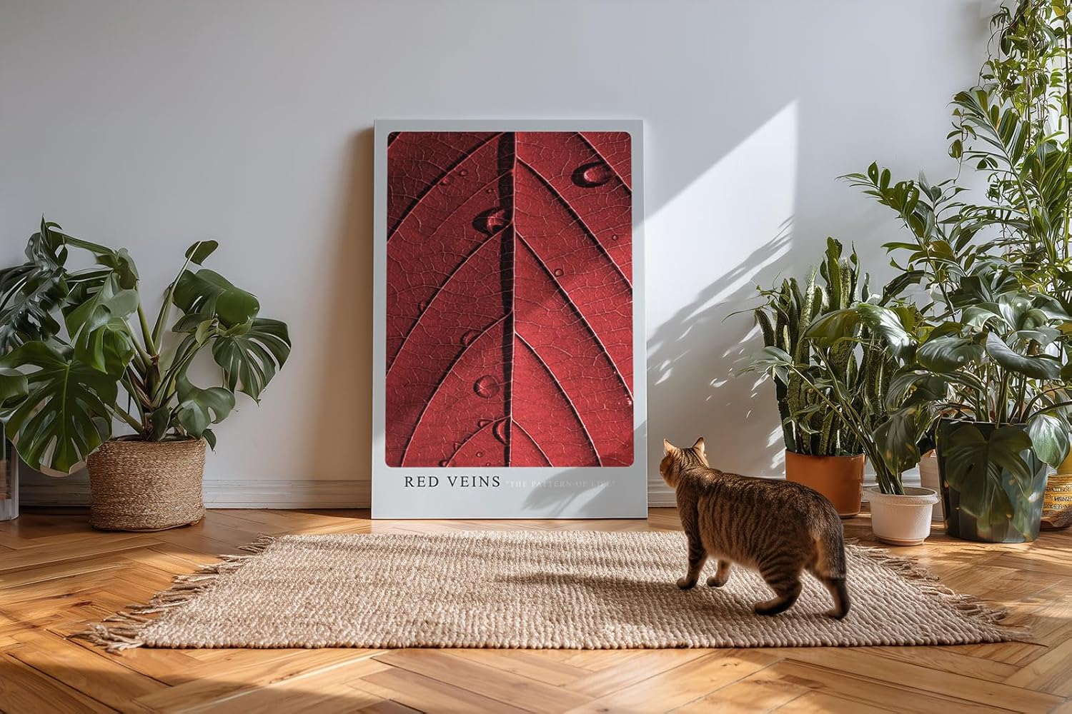 Paul Sinus Kunstdruck 40x60cm Red Veins – Makroaufnahme eines roten Blattes mit strukturierten Adern und Wassertropfen