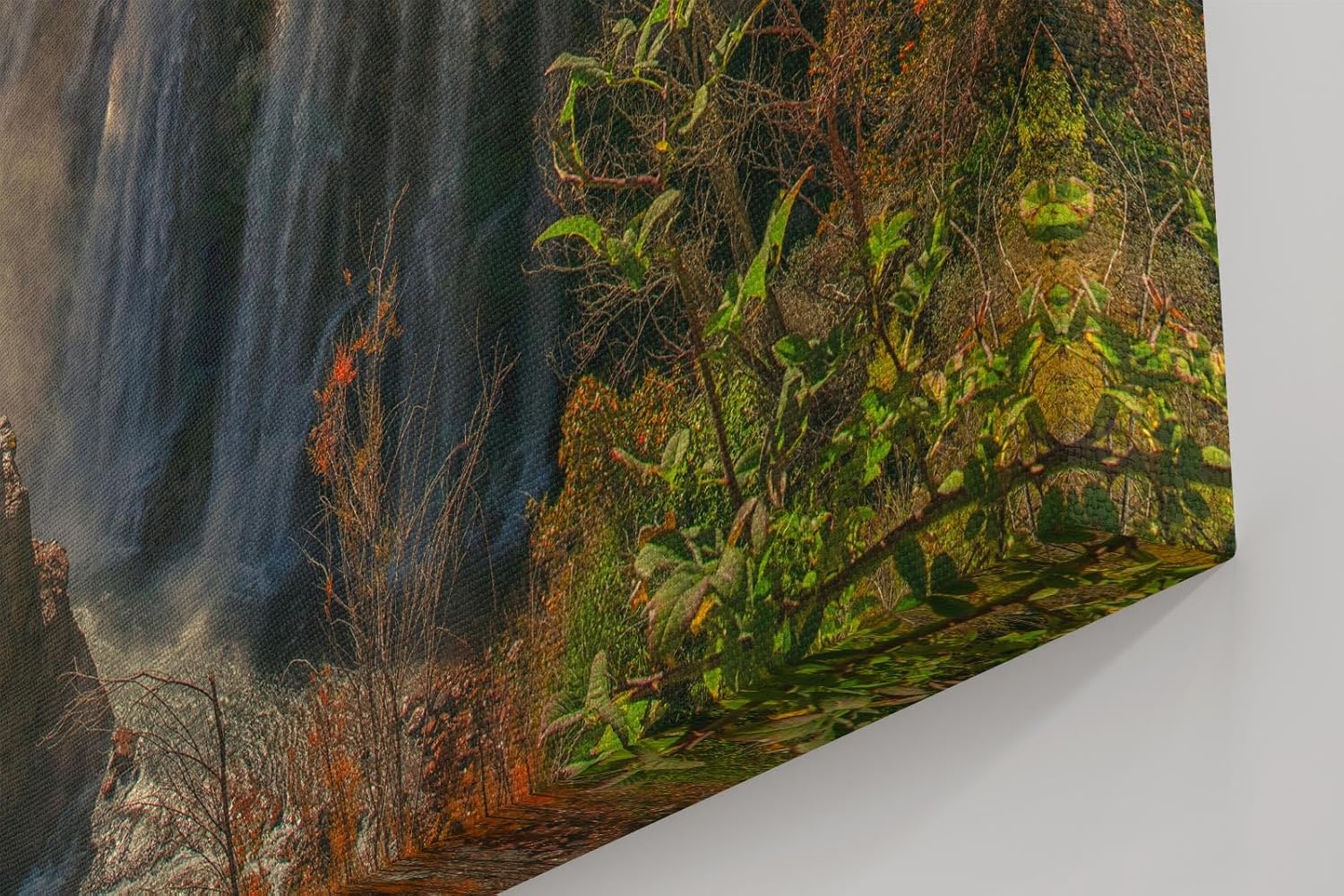 Sinus Art Wandbild 120x80cm Wasserfall-Szenerie im warmen Licht des Sonnenuntergangs mit lebendiger Vegetation