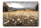Sinus Art Wandbild 120x80cm Sanftes Naturmotiv mit blühender Wiese, Wildblumen und Bauernhof in weiter Hügellandschaft