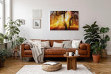 Sinus Art Wandbild 120x80cm Sonnenstrahlen brechen durch goldene Baumkronen und schaffen eine warme Atmosphäre