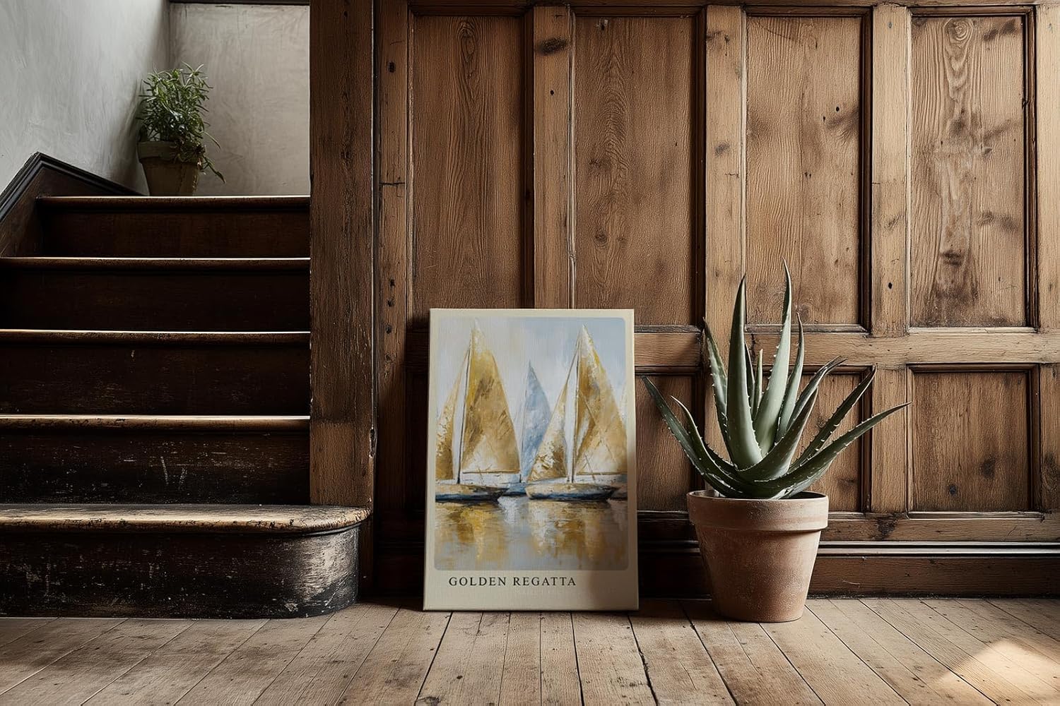 Paul Sinus Kunstdruck 40x60cm Golden Regatta – Segelboote in Gold und Weiß auf Wasser in dynamischer Malerei