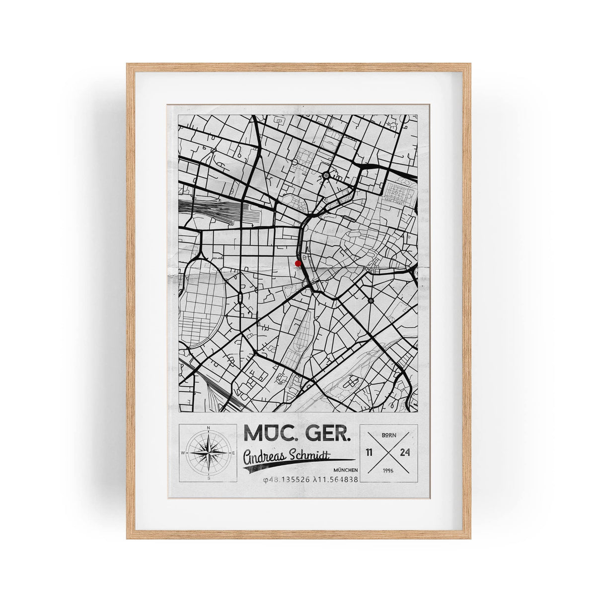 Paul Sinus Bilderrahmen einzigartiger Stadtplan mit deinen GPS Koordinaten und Namen. 30cm x 42cm Holz Wechselrahmen mit Glas und Passepartout. Geschenkidee. Vintage (ohne Rahmen)