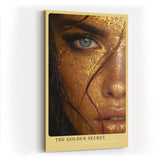 Paul Sinus Wandbild in 40x60cm The Golden Secret – Intensives Porträt mit goldener Blattoptik und blauem Auge in Nahaufnahme