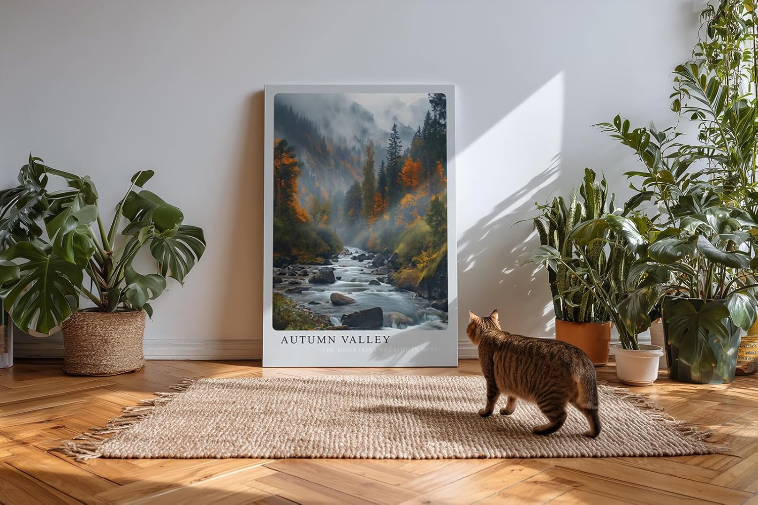 Paul Sinus Kunstdruck 40x60cm Autumn Valley – Herbstliches Flusstal mit buntem Wald und Nebelschwaden in den Bergen