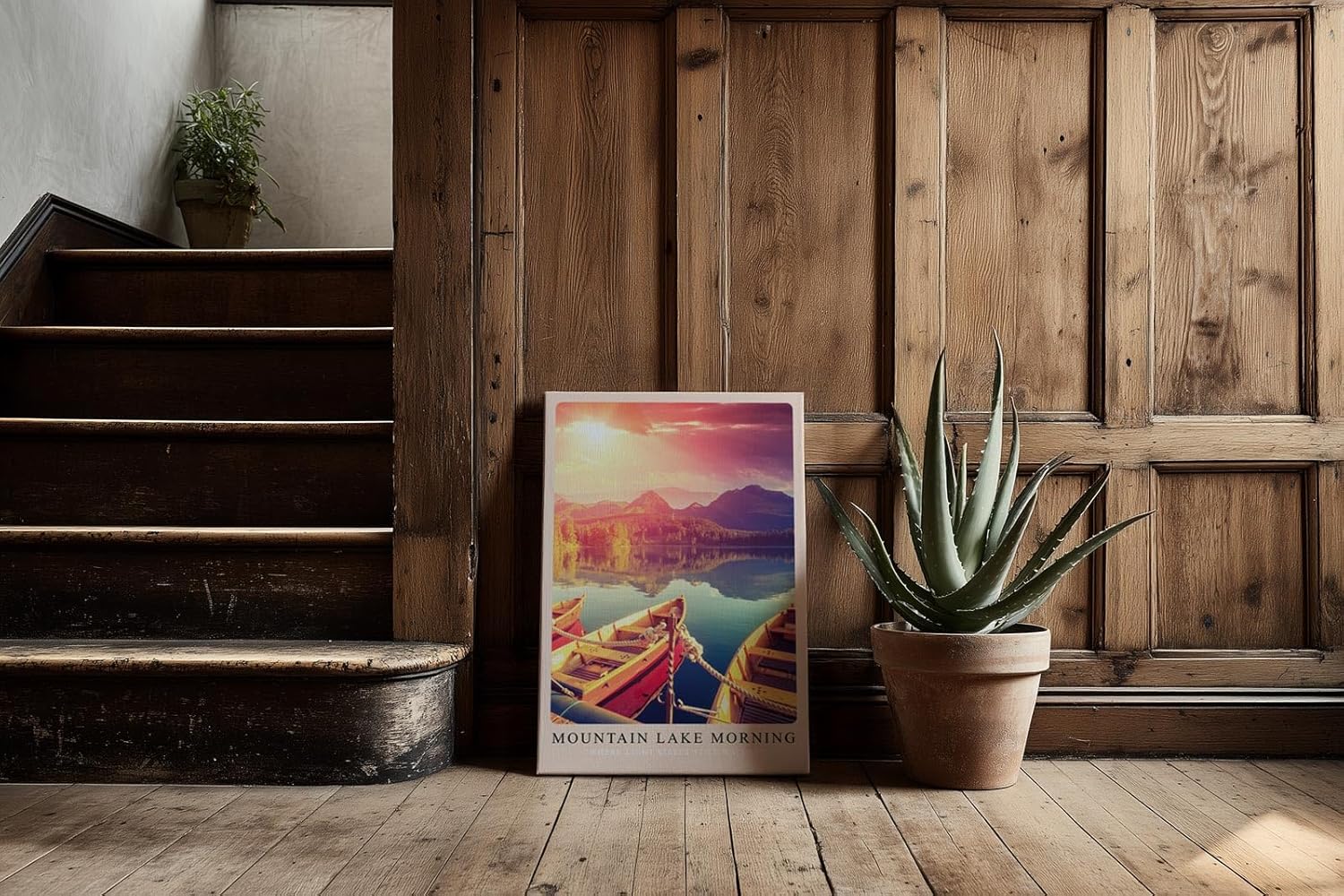 Paul Sinus Kunstdruck 40x60cm Mountain Lake Morning mit Booten und Sonnenaufgang am See