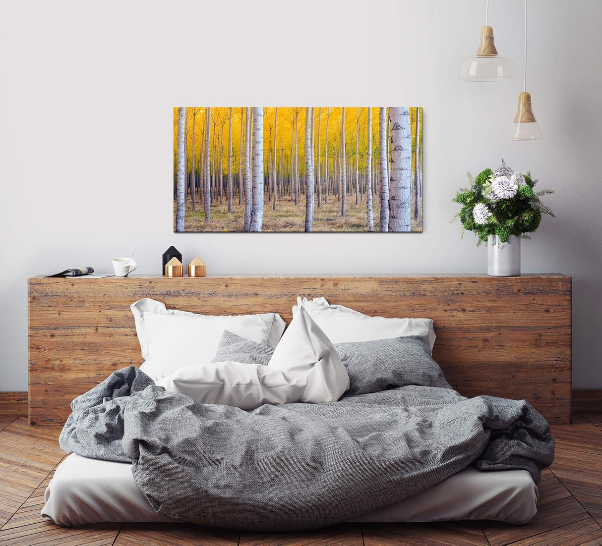 Herbst Birke ca. 130x70cm Wandbild inklusive Schattenfugenrahmen schwarz - Panorama Leinwand Bild XXL Format Wandbilder Wohnzimmer Wohnung Deko Kunstdrucke