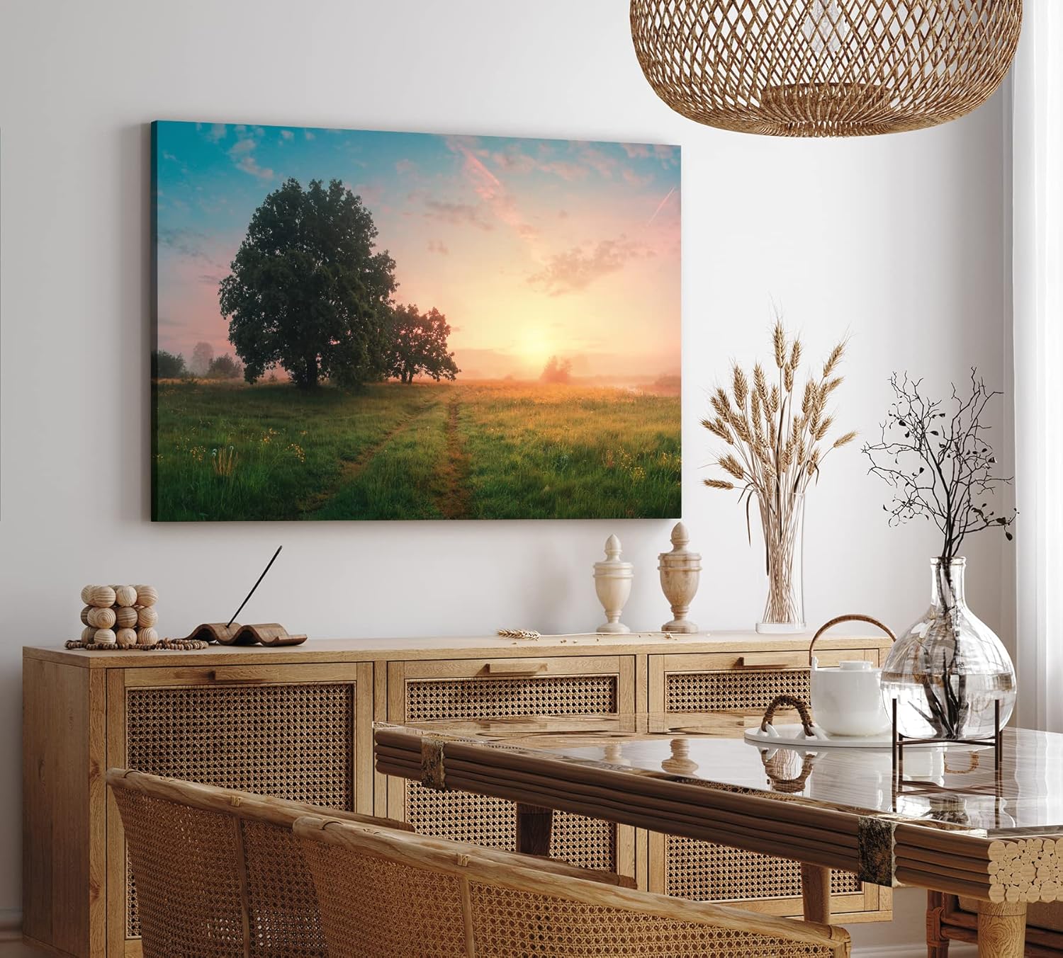 Wandbild 120x80cm Sonnenaufgang Natur Landschaft Nebel Baum Wiese