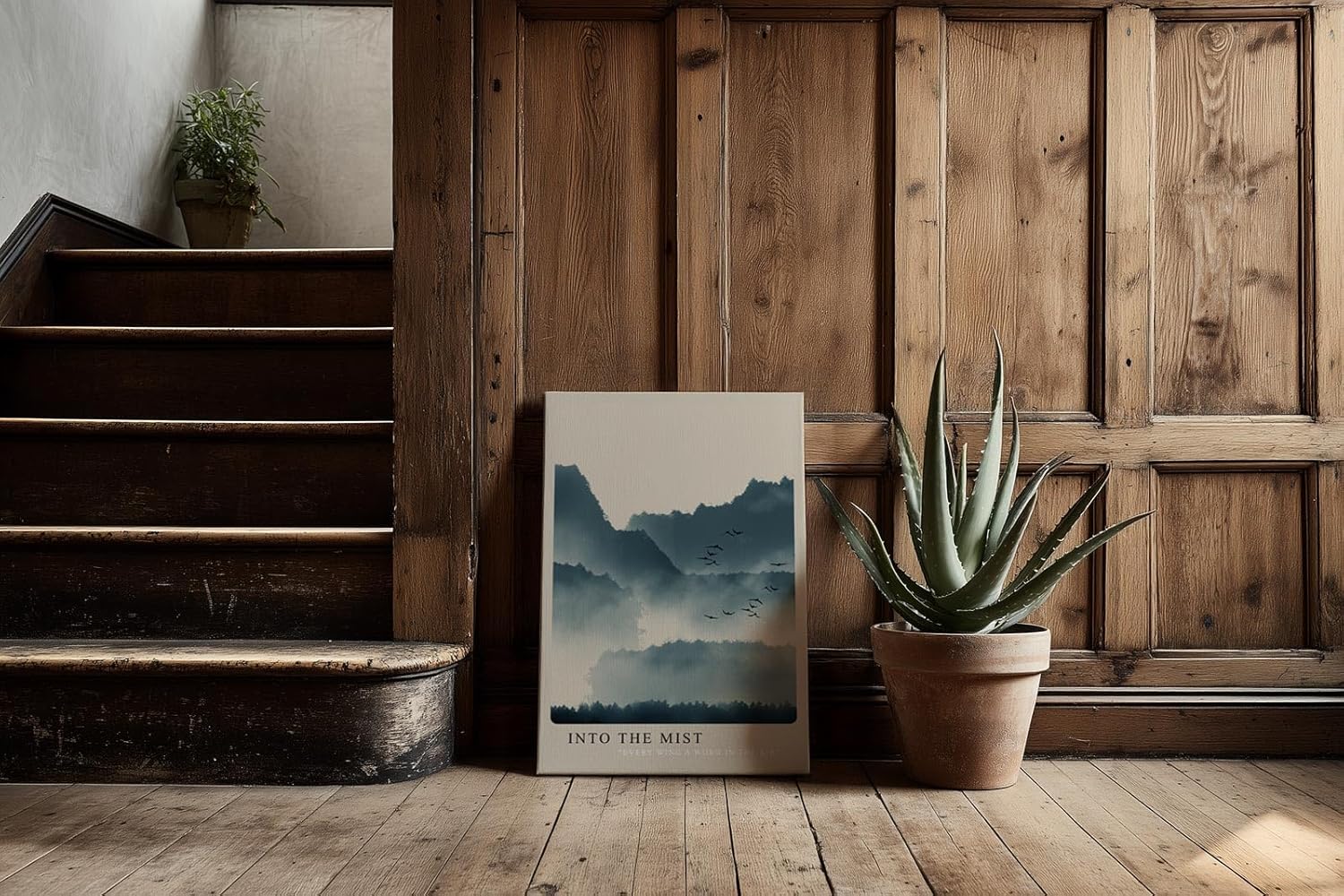 Paul Sinus Kunstdruck 40x60cm Into the Mist mit nebelverhangenen Bergen und Vogelschwarm