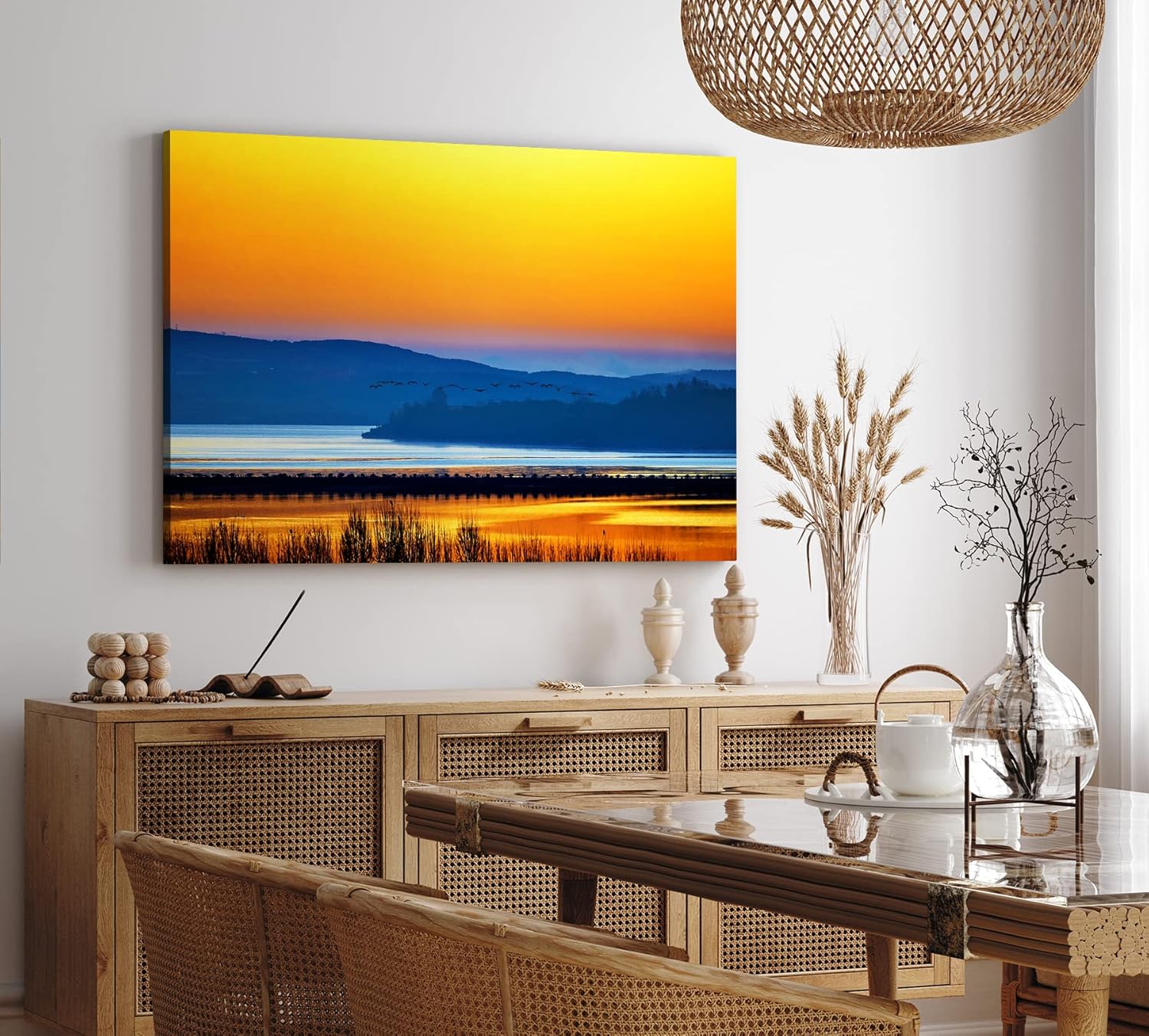 Paul Sinus Wandbild 120x80cm Landschaftsbild See roter Himmel Abendröte Vögel Natur