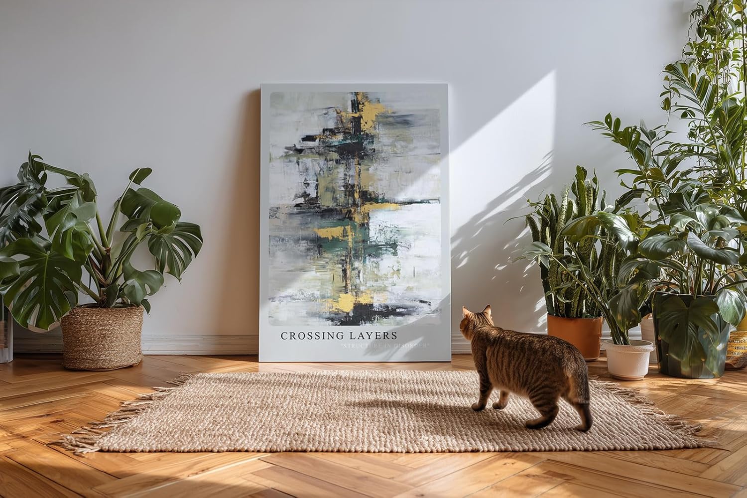 Paul Sinus Kunstdruck 40x60cm Crossing Layers – Abstrakte Komposition mit dynamischen Farbstrukturen in Gold, Grün und Schwarz