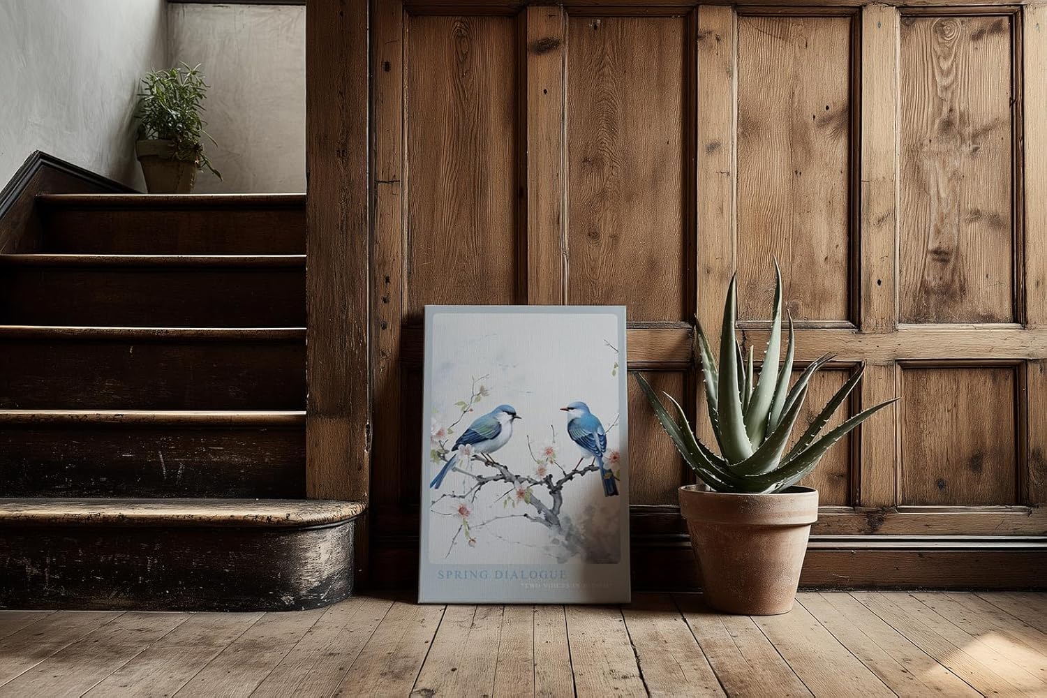 Paul Sinus Kunstdruck 40x60cm Spring Dialogue – Zwei Vögel auf blühendem Zweig in zarter Aquarell-Ästhetik