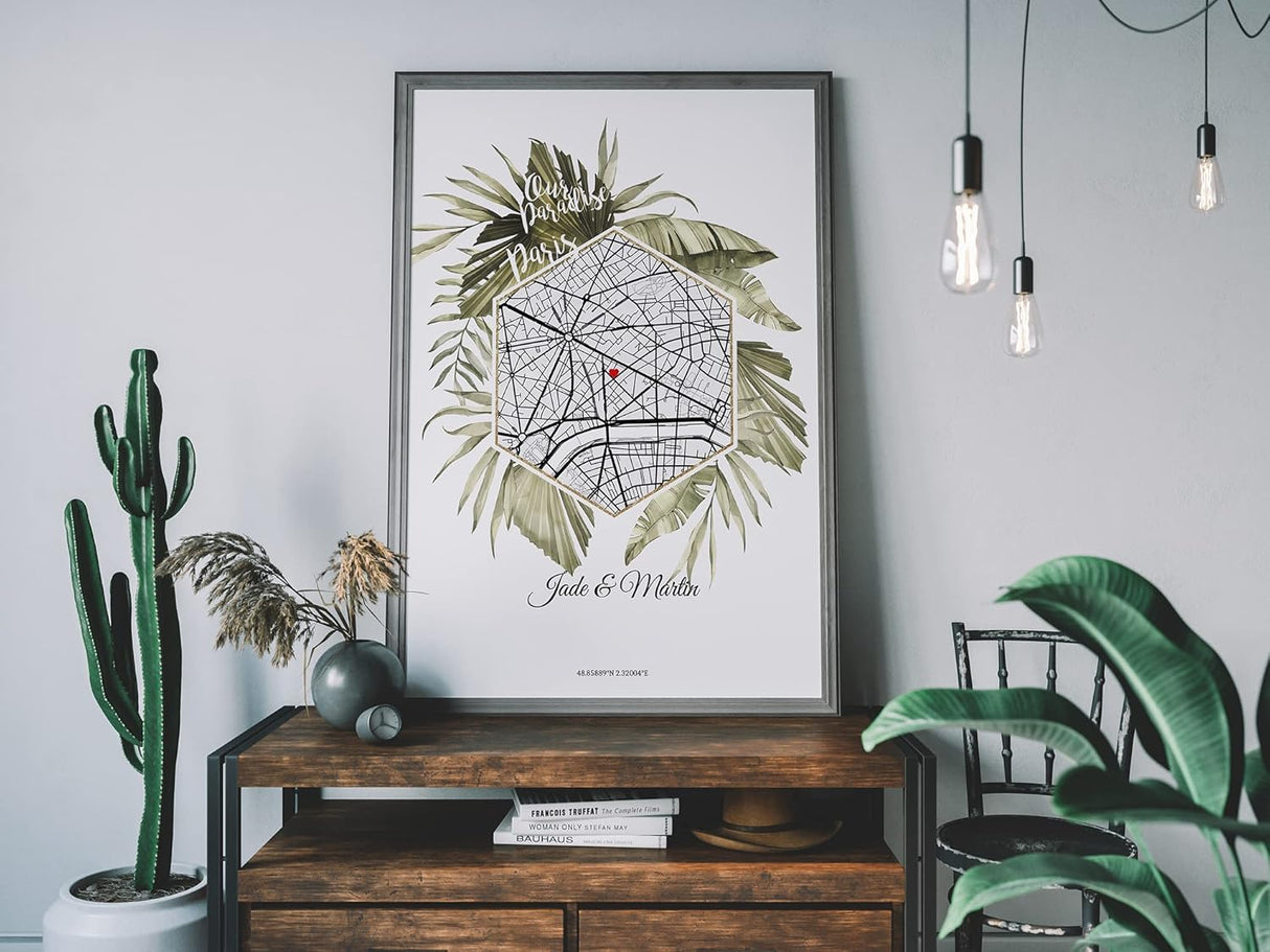 Paul Sinus Gerahmtes Wandbild Map mit deinen GPS Koordinaten und Namen. 30cm x 42cm Rahmen mit Stadtkarte selbstgestaltet. Ganz individuell. (ohne Rahmen)