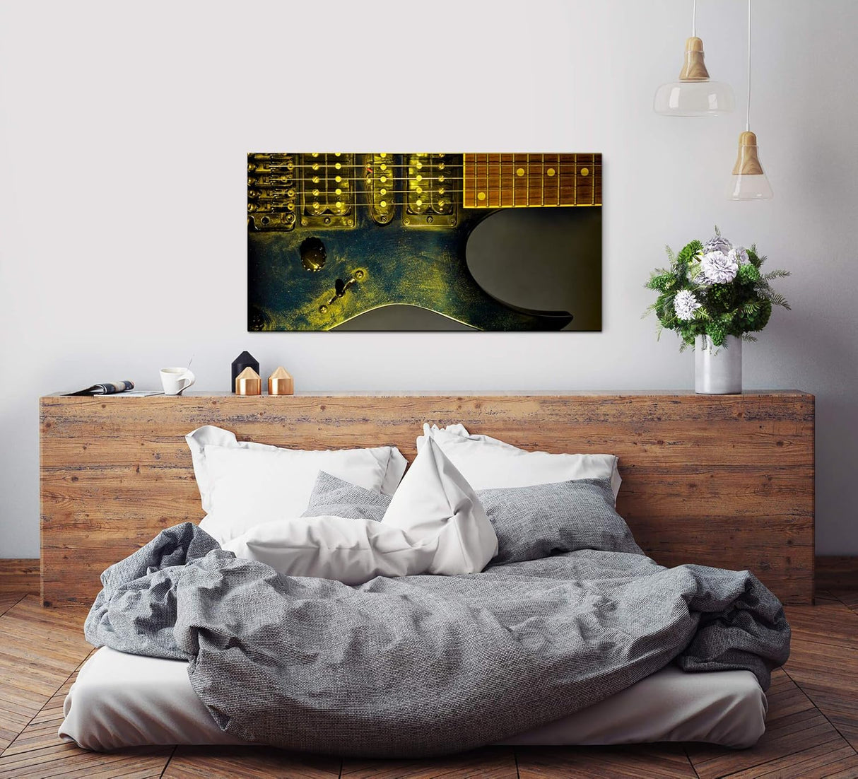 Gitarre in schwarz ca. 130x70cm Wandbild inklusive Schattenfugenrahmen schwarz - Panorama Leinwand Bild XXL Format Wandbilder Wohnzimmer Wohnung Deko Kunstdrucke