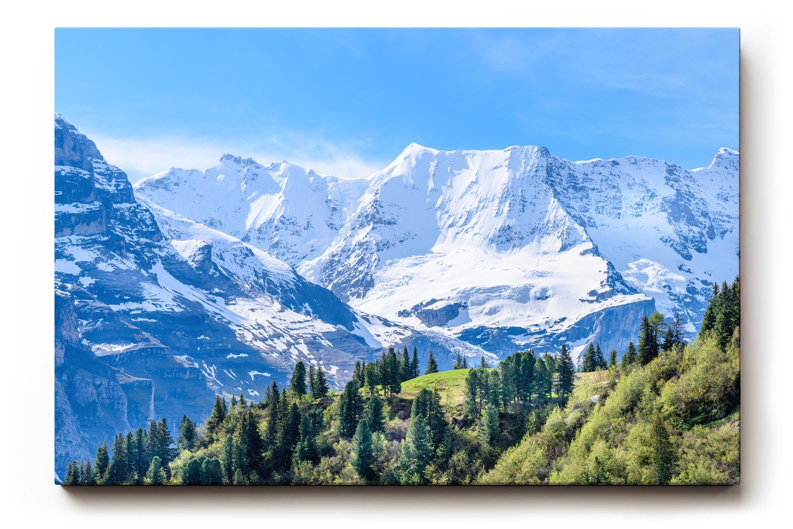 Sinus Art Wandbild 120x80cm Beeindruckendes Panorama mit schneebedeckten Gipfeln und grünen Hängen im Vordergrund