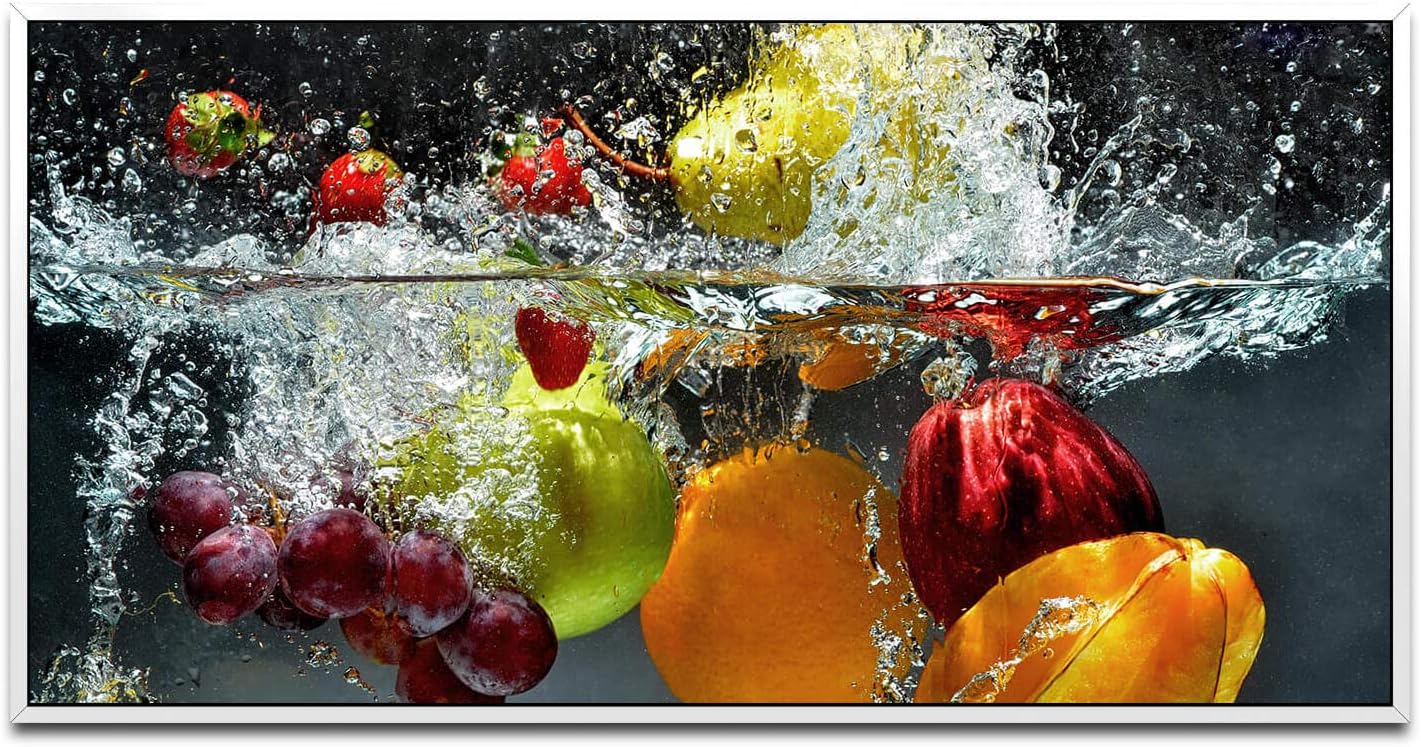 Obst und Gemüse in Wasser ca. 130x70cm Wandbild inklusive Schattenfugenrahmen weiss - Panorama Leinwand Bild XXL Format Wandbilder Wohnzimmer Wohnung Deko Kunstdrucke