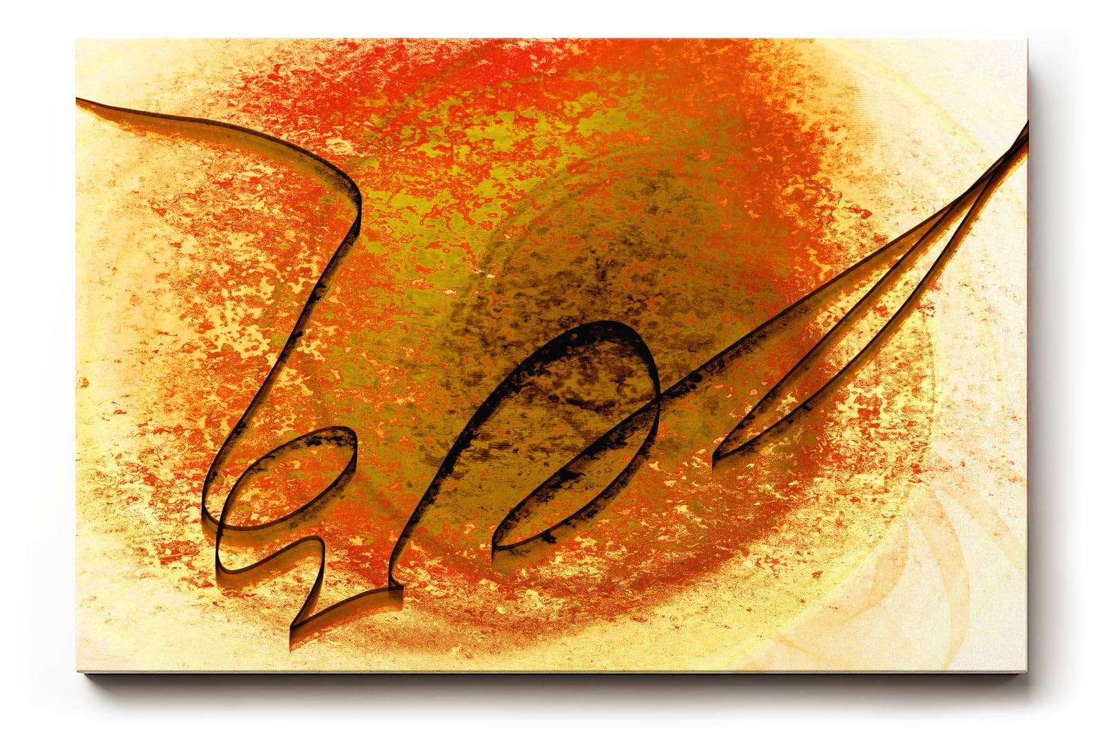 Sinus Art Wandbild 120x80cm Kreisförmige Strukturen in Orange und Gelb mit zentraler schwungvoller schwarzer Linie