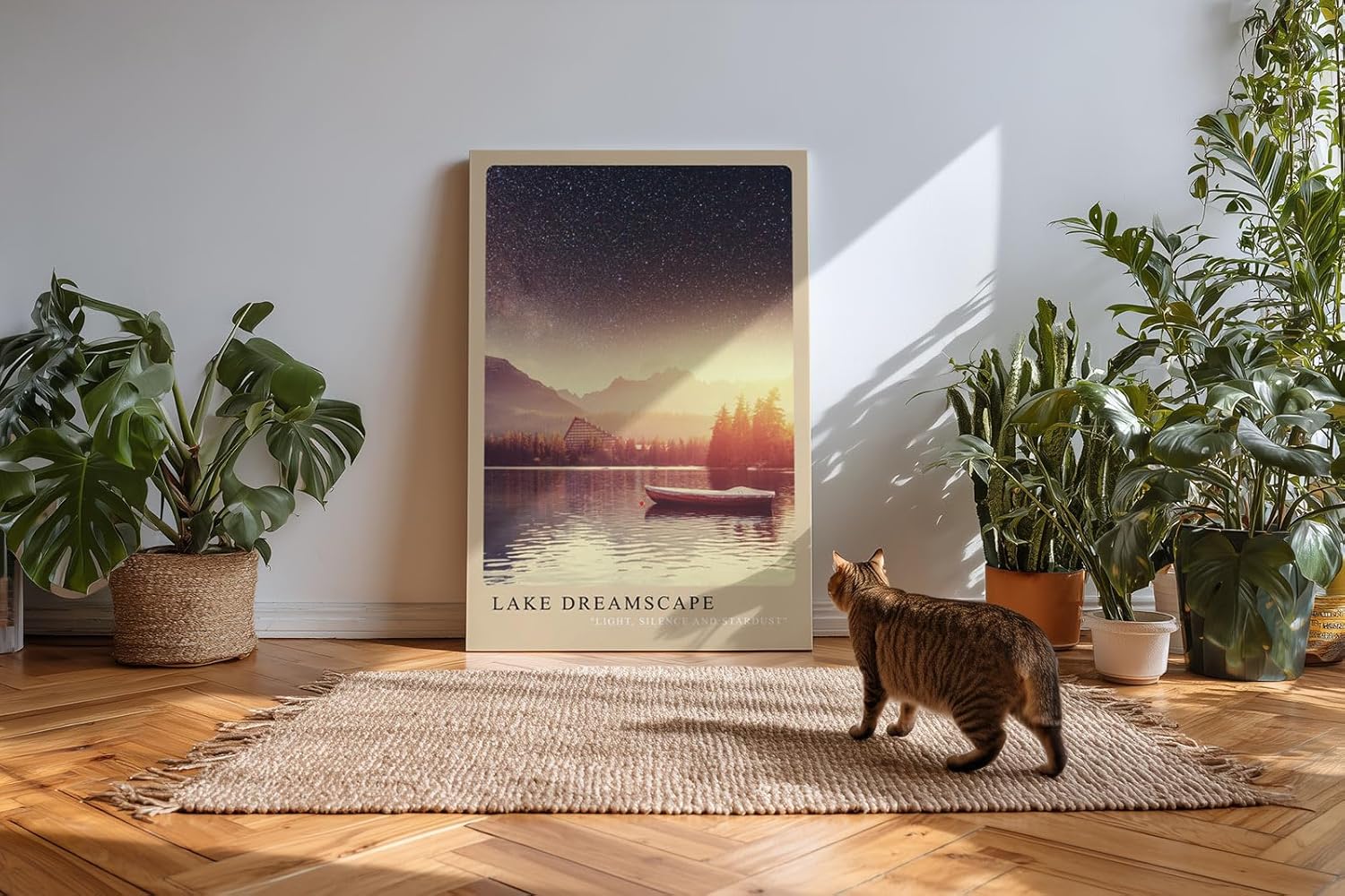 Paul Sinus Kunstdruck 40x60cm Lake Dreamscape – Sternenhimmel über ruhigem Bergsee mit Boot