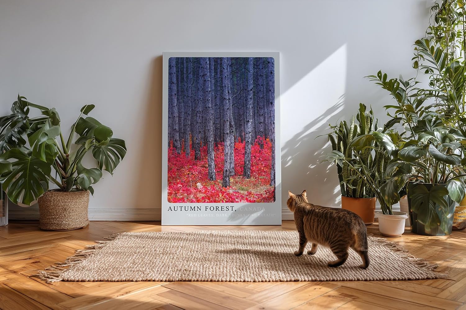 Paul Sinus Kunstdruck 40x60cm Autumn Forest Canada herbstlicher Wald mit rotem Laub und tiefen Baumstämmen in Kontraststimmung